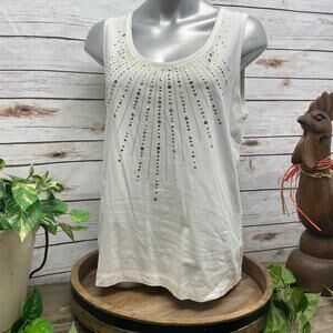 Chicos 2 Medium White Embellished Tank Top Sunburst Sleeveless Shirt Gold Detail